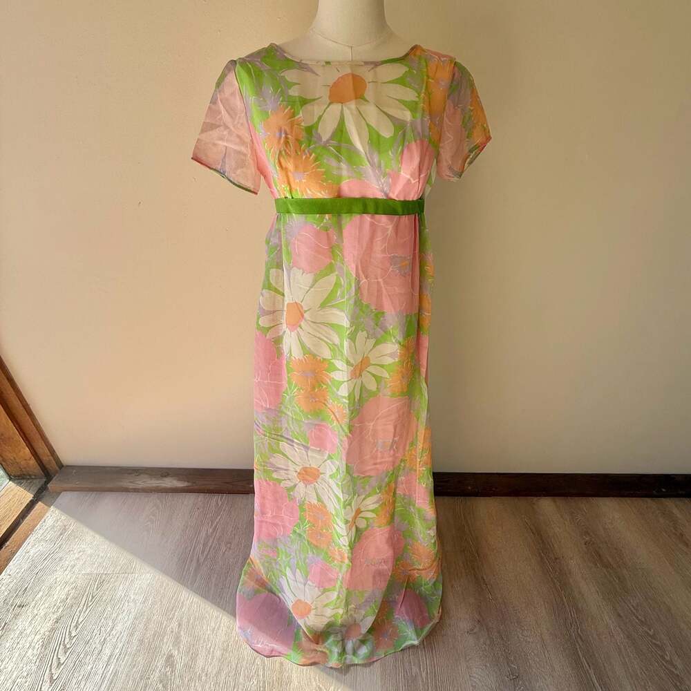 Vintage 1960s Union Label Floral Chiffon Empire Waist Maxi Dress - Picture 14 of 14